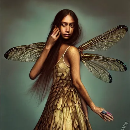 Image similar to brown woman wearing a dragonfly armor. iridiscent. extremely photorealistic. super detailed. layered. textured. award winning. dispersion of light. refracted lighting. soft. fragile. by ray caesar. by louise dahl - wolfe. by andrea kowch. by tom bagshaw. surreal photoraphy