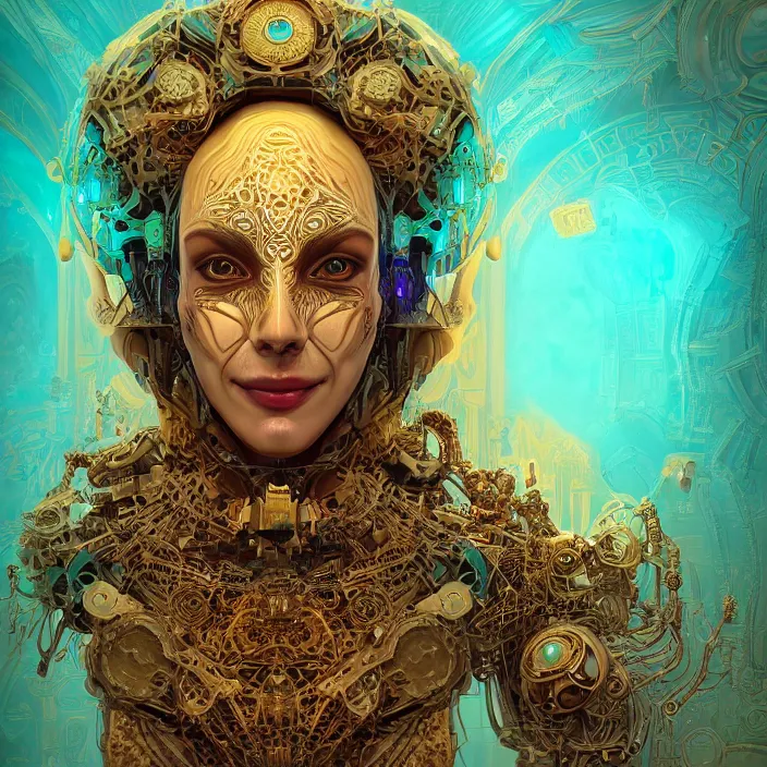 Image similar to beautiful smiling symmetrical face portrait android woman time machine axonometric mechanical fantasy intricate elegant highly detailed in volumetric void of latent space, lush flowers intricate jewellery, realm of the gods golden turquoise steampunk, axonometric high contrast cinematic light, mystical shadows, digital painting, sharp focus, octane render, photographic, concept art, artist leonardo davinci, unreal engine 8 k