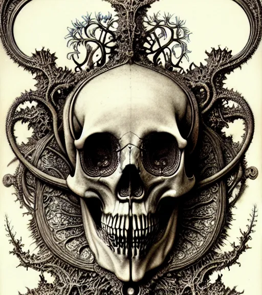 Image similar to art forms of nature by ernst haeckel, memento mori by arthur rackham, ornate antique porcelain beautiful skull mask, ultrasharp, photorealistic, hyperdetailed, octane render, polished, art nouveau, neo - gothic, gothic, intricate ornamental organic filigree, art nouveau botanicals, art forms of nature by ernst haeckel, horizontal symmetry, symbolist, visionary