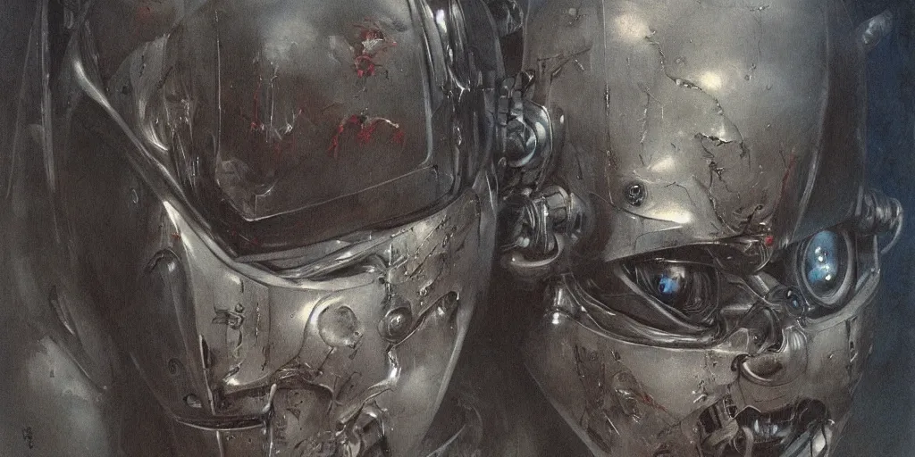 Prompt: a scary painting of robot by alan lee, trending on artstation