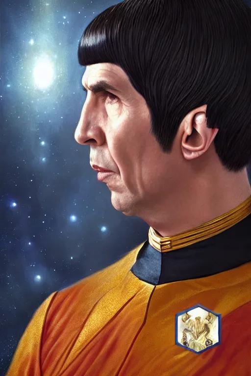 Prompt: photorealistic portrait photograph of spock as a glorious regal space king, sleek outfit, upper body, fantasy, handsome, depth of field, soft focus, highly detailed, intricate, realistic, national geographic cover, soft glow, textured, artstation, concept art, sharp focus, illustration, art by artgerm and greg rutkowski and alphonse mucha