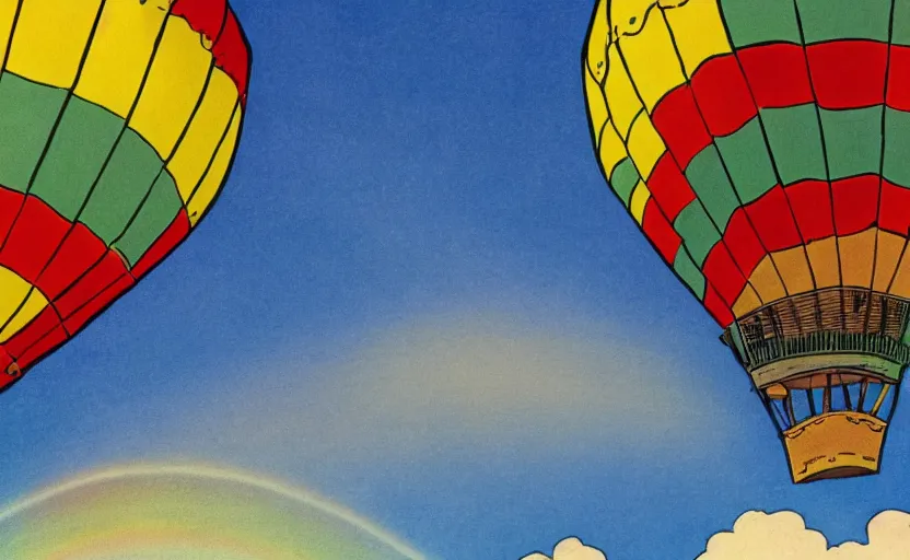 Image similar to hot air balloon flying through a double rainbow, illustration by dr seuss, oh the places you'll go