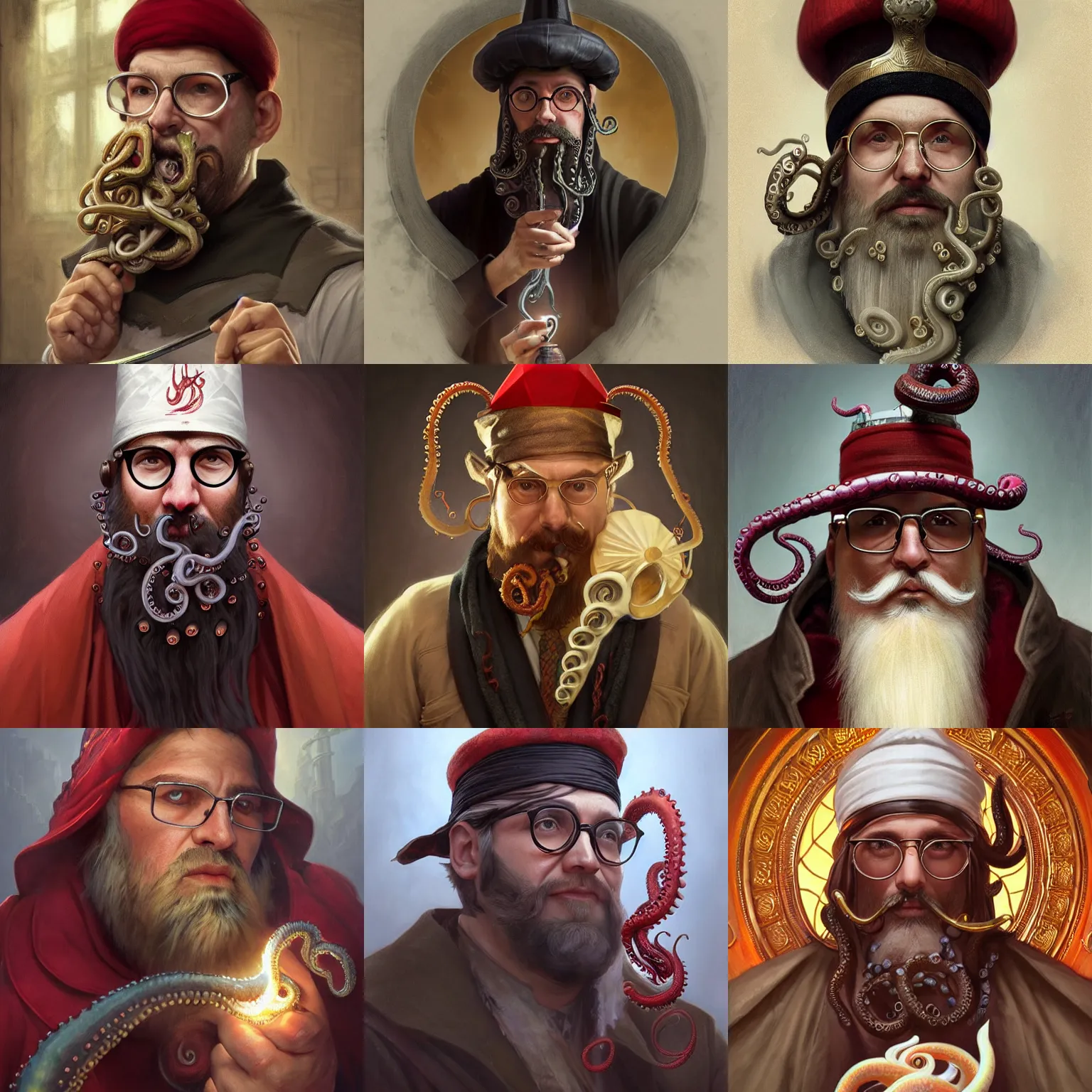 Prompt: male cultist wearing a fez, salt and pepper beard, horn-rimmed glasses, surrounded by tentacles, fantasy, portrait, highly detailed, digital painting, artstation, concept art, sharp focus, illustration, art by artgerm and greg rutkowski and alphonse mucha