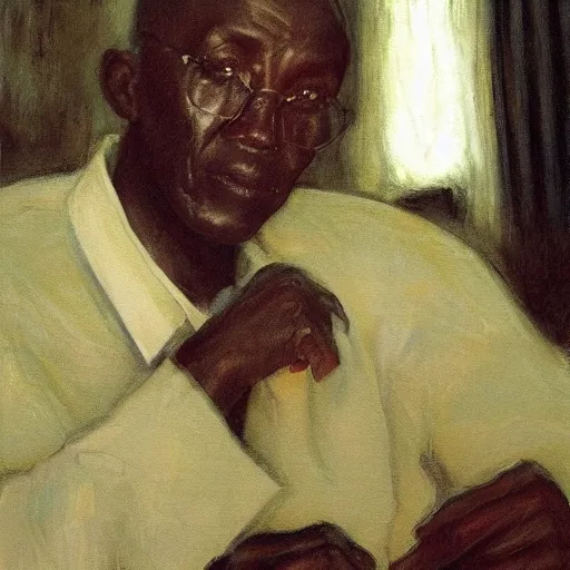 Prompt: a painting of a well fed, thinker, thoughtful, focused, visionary, calm, jovial, loving, daddy/fatherly, generous, clean shaven, elegant elder and his on from Kenya by Henry Ossawa Tanner . dramatic angle, ethereal lights, details, smooth, sharp focus, illustration, realistic, cinematic, artstation, award winning, rgb , unreal engine, octane render, cinematic light, macro, depth of field, blur, red light and clouds from the back, highly detailed epic cinematic concept art CG render made in Maya, Blender and Photoshop, octane render, excellent composition, dynamic dramatic cinematic lighting, aesthetic, very inspirational, arthouse.