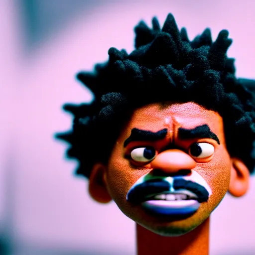 Image similar to a cinematic film still of a claymation stop motion film starring chance the rapper as a college student, shallow depth of field, 8 0 mm, f 1. 8