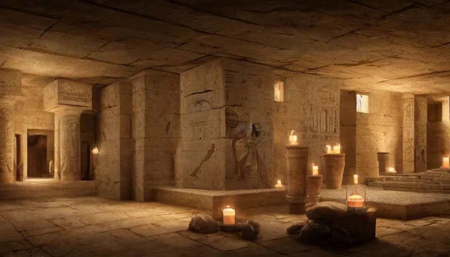 Image similar to A highly detailed matte painting of interior of ancient Egyptian tomb, candle lights, cobwebs, mummy, dark, by Studio Ghibli, Makoto Shinkai, by Artgerm, by WLOP, by Greg Rutkowski, volumetric lighting, octane render, 4K resolution, trending on artstation, masterpiece