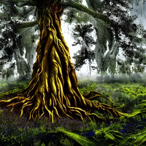 Image similar to horrific, spectacular tree in a thickly vegetated forest, fantasy, dreamlike sunraise, ultra realistic