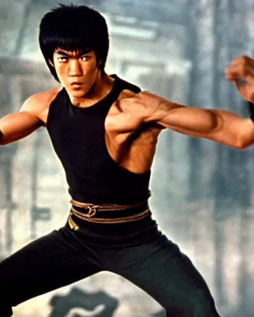 Image similar to bruce lee as kenshiro in live action fist of northstar movie, a bright glow surrounds his body, particle effects, hyperreal, post apocalyptic, mutants, martial arts, cinematic