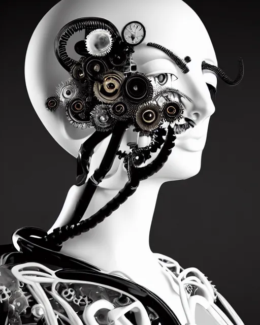 Image similar to black and white dreamy foggy profile face portrait, one steampunk cat eye biomechanical beautiful young female cyclope - cyborg - robot bust, body ribs meshes,, volumetric light, hibiscus flowers, by hg giger, rim light, by dora maar and cecile beaton, big gothic fashion pearl embroidered collar, 8 k
