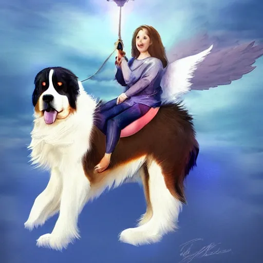 Prompt: an angel riding a giant Bernese mountain dog in heaven, trending on artstation