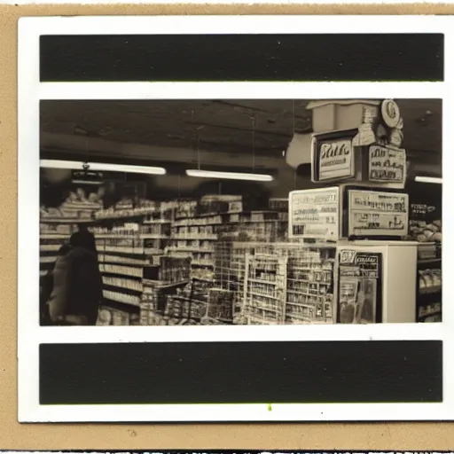 Image similar to Vintage Photograph of a futuristic time machine inside of a grocery store, shallow depth of field, awkward, out of place, polaroid 600 Color