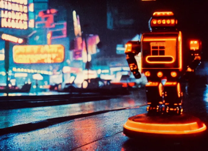 Image similar to a 2 8 mm macro kodachrome photo of a tall huge metallic cyborg droid with glowing lights, running on a rainy night in the city in the 1 9 5 0's, seen from a distance, canon 5 0 mm, cinematic lighting, film, photography, award - winning, neon, cyberpunk, blade runner