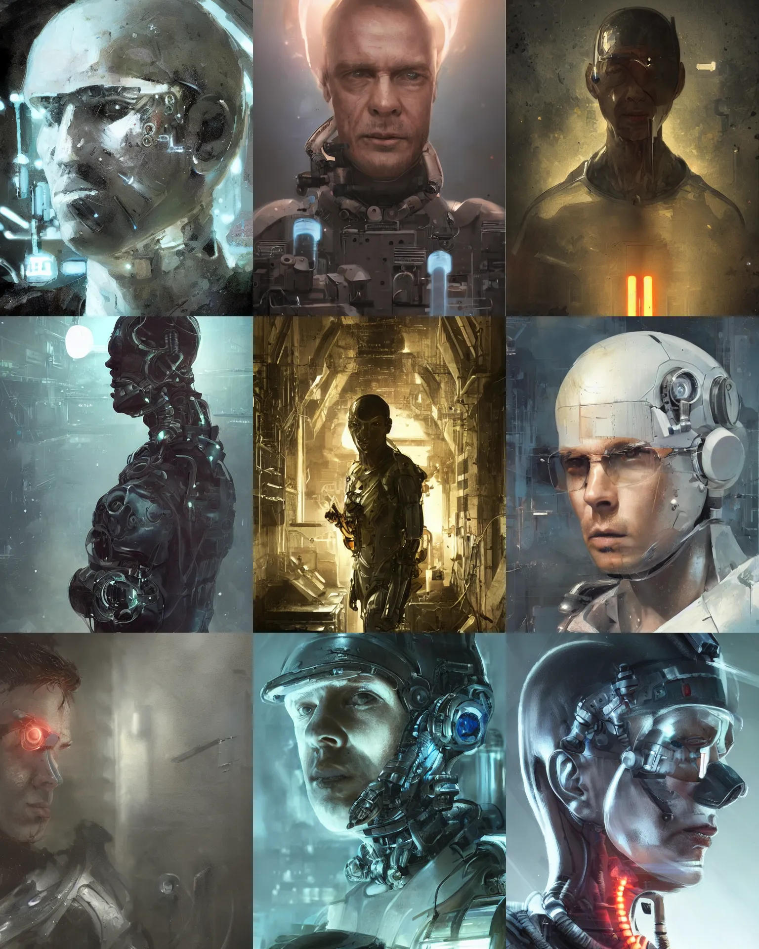 Image similar to a laboratory technician man with cybernetic enhancements seen from a distance, scifi character portrait by greg rutkowski, craig mullins, 1 / 4 headshot, cinematic lighting, dystopian scifi outfit, profile picture, mechanical, cyborg, half robot