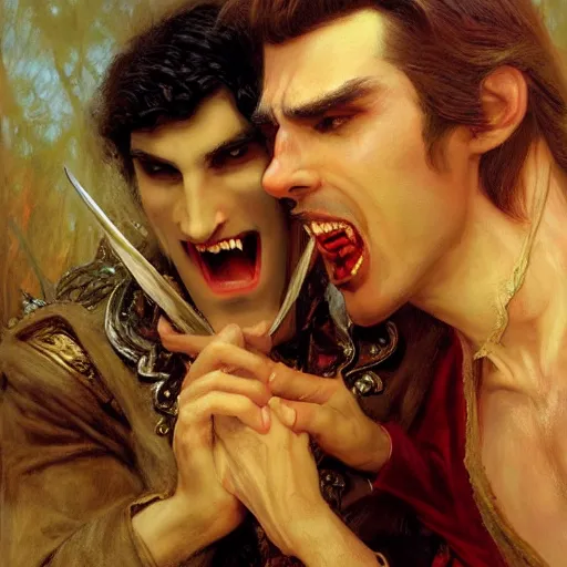 Image similar to attractive male fairy of the forest confesses his love to attractive male dracula the vampire. highly detailed painting by gaston bussiere, craig mullins, j. c. leyendecker 8 k