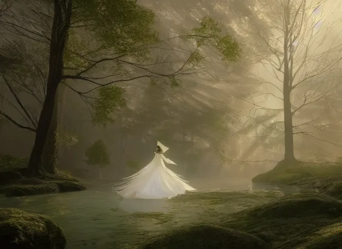 Image similar to a woman dressed in a white dress, seen from behind, in a magical forest, painted by, mc escher, gordon onslow ford, georgia o'keeffe and ivan aivazovsky, cinematic light, god rays, colourful, unreal engine, zbrush central,