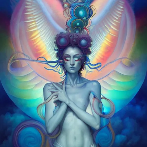 Image similar to psychedelic angelic celestial being artwork of peter mohrbacher, ayahuasca, energy body, sacred geometry, esoteric art, rainbow colors, realist, abstract and surreal art styles with anime and cartoon influences divinity