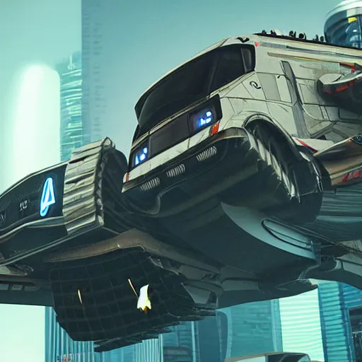 Image similar to cyberpunk alien concept of the a - team van flying trough the sky, futuristic look, highly detailed body, very powerful, photorealistic camera shot, crisp quality and light reflections, unreal engine 5 quality render