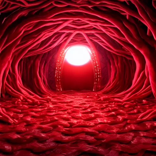 Image similar to Large red roots and thick red vines covering a giant red glowing egg and the entire room, dark red background, digital art, trending on artstation