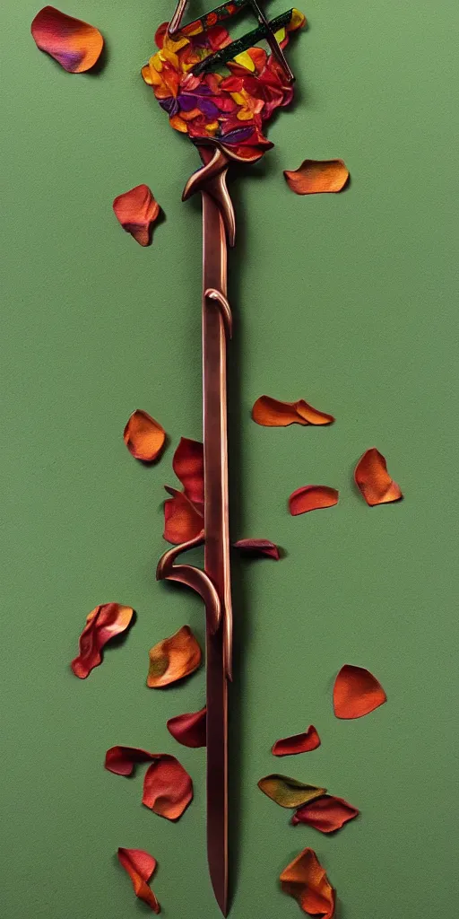 Image similar to a sword made from flower petals in the style of zdzisław beksinski, elegant, copper and emerald