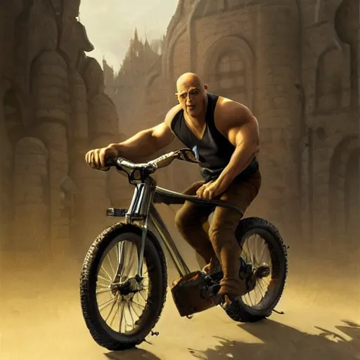 Image similar to shrek rides a bicycle motor and beats vin diesel in fast and furious race while wearing a helmet, highly detailed, digital painting, artstation, concept art, smooth, sharp focus, illustration, art by artgerm and greg rutkowski and alphonse mucha