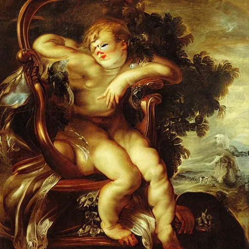 Prompt: tardigrade resting on a baroque armchair oil on canvas by Peter Paul Rubens