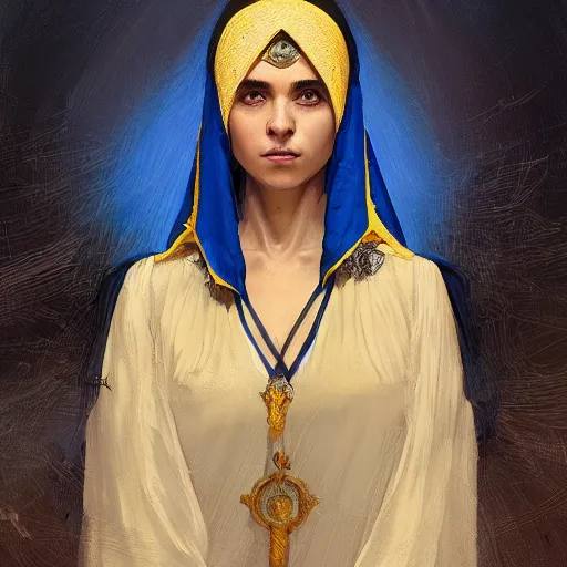 Image similar to portrait of a middle - eastern female cleric with straight black hair wearing blue and yellow vestments, fantasy, highly detailed, digital painting, artstation, concept art, character art, art by greg rutkowski and tyler jacobson and alphonse mucha