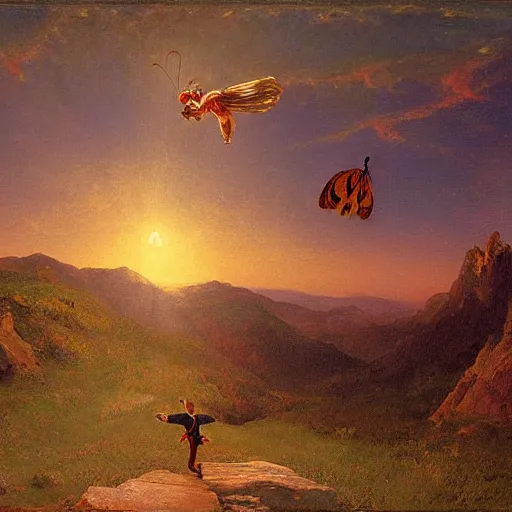 Prompt: A beautiful painting of an elf boy waving goodbye to a giant eldritch agrias butterfly as it flies into space, by Gustave Baumann, by Frederic Edwin Church, twilight lighting, golden hour