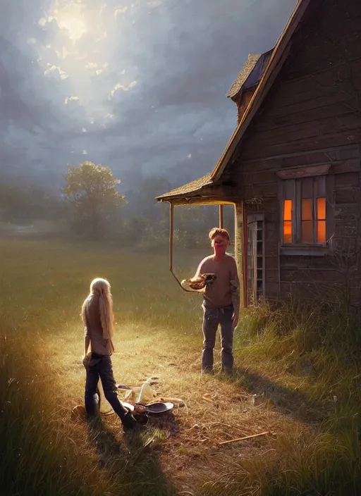 Image similar to highly detailed hyperrealistic painting of a short hillbilly with long blonde hair standing in front of his porch yelling at his friend, bonfire, stephen bliss, art by greg rutkowski, loish, rhads, ferdinand knab, makoto shinkai and lois van baarle, tom bagshaw, photo, portrait, global illumination, artstation