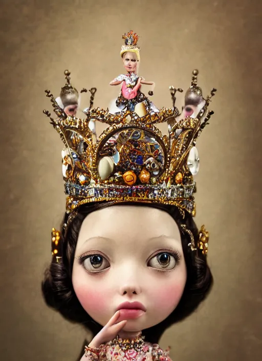 Image similar to closeup portrait of tin toy fairytale princess wearing a crown, depth of field, zeiss lens, detailed, symmetrical, centered, fashion photoshoot, by ray caesar, nicoletta ceccoli, mark ryden, lostfish, breathtaking, 8 k resolution, extremely detailed, beautiful, establishing shot, artistic, hyperrealistic, octane render