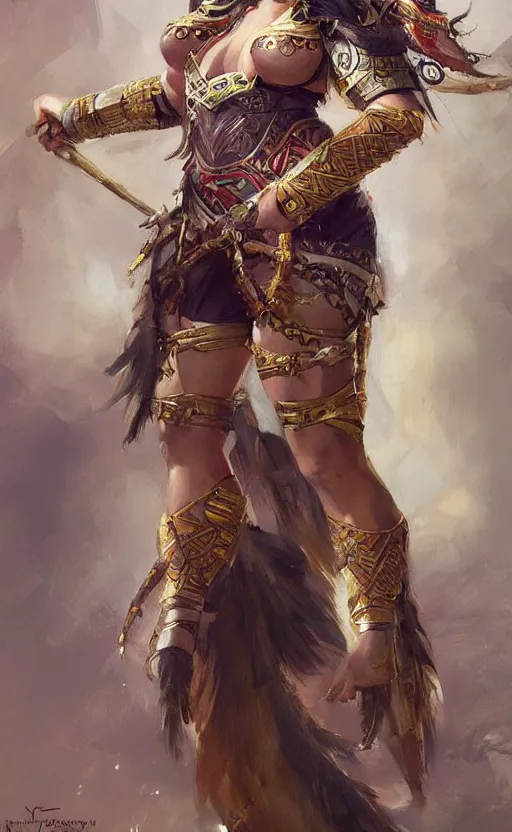 Image similar to curvy asian tribal armor girl by daniel gerhartz, trending on art station