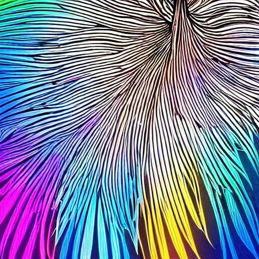 Image similar to spear of feathered wings, prismatic, multi colored feathers, anime style, white background