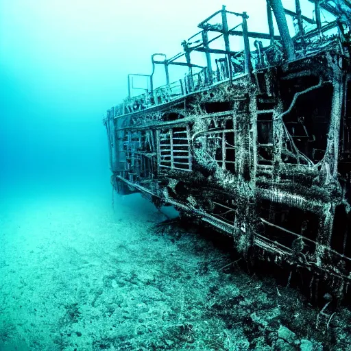 Image similar to an underwater photograph of a rusty complex underwater structure, submechanophobia, eerie, creepy, surreal, dark, void,