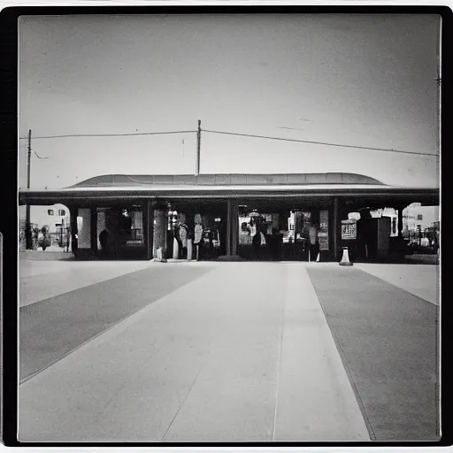 Prompt: polaroid photo of a retrofuturistic train station