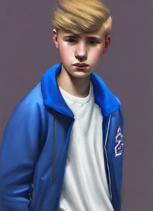 Image similar to portrait of a teenage boy named moose mason, blonde short hair, jock, beefy, square jaw, square facial structure, 1 9 5 0 s, blue varsity jacket, intricate, elegant, glowing lights, highly detailed, digital painting, artstation, concept art, smooth, sharp focus, illustration, art by wlop, mars ravelo and greg rutkowski