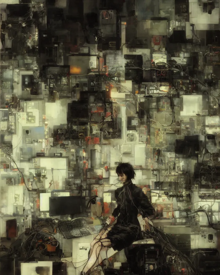 Image similar to portrait of lain iwakura, background room full of cables and computers by yoshitoshi abe, ruan jia and joao ruas. atmospheric