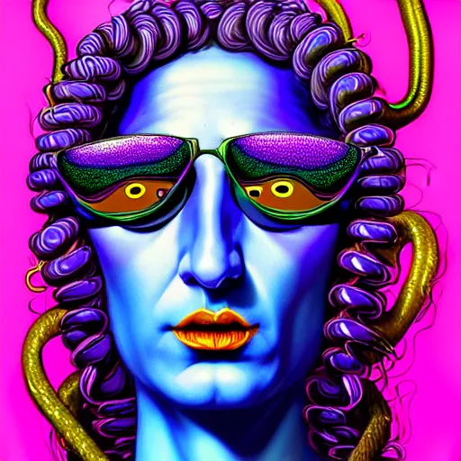 Prompt: an extremely psychedelic portrait of medusa as willy wonka, surreal, lsd, face, detailed, intricate, elegant, lithe, highly detailed, digital painting, artstation, concept art, smooth, sharp focus, illustration