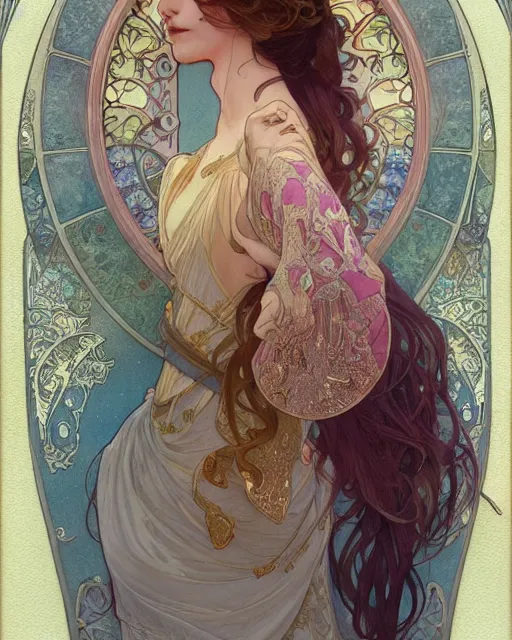 Image similar to secret romance | highly detailed | very intricate | art nouveau | gold filigree | romantic storybook fantasy | soft cinematic lighting | award - winning | disney concept art watercolor illustration by mandy jurgens and alphonse mucha and alena aenami | pastel color palette | featured on artstation