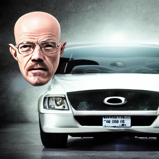 Image similar to a car which looks like walter whites head, high def, 8 k hd, realistic, highly detailed,