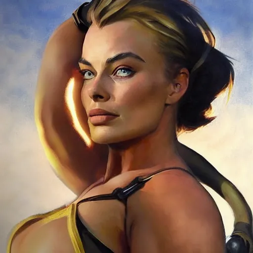 Image similar to greg manchess portrait of margot robbie as thick female bodybuilder lara croft, epic grimdark, fantasy, medium shot, asymmetrical, profile picture, organic painting, sunny day, matte painting, bold shapes, hard edges, street art, trending on artstation, by huang guangjian and gil elvgren and sachin teng