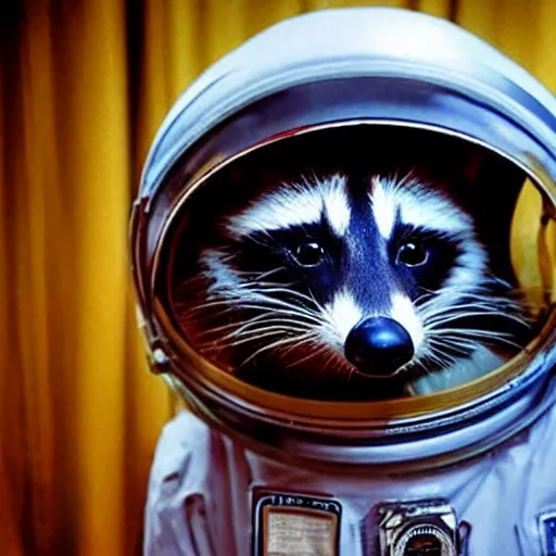 Prompt: realistic photo by annie liebovitz of a raccoon dressed as an astronaut wearing a space helmet, low contrast
