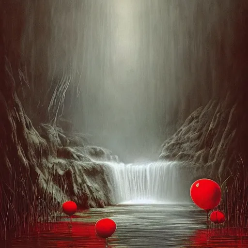 Image similar to grunge painting of a waterfall with a wide smile and a red balloon by Zdzisław Beksiński, loony toons style, pennywise style, corpse bride style, creepy lighting, horror theme, detailed, elegant, intricate, conceptual, volumetric light