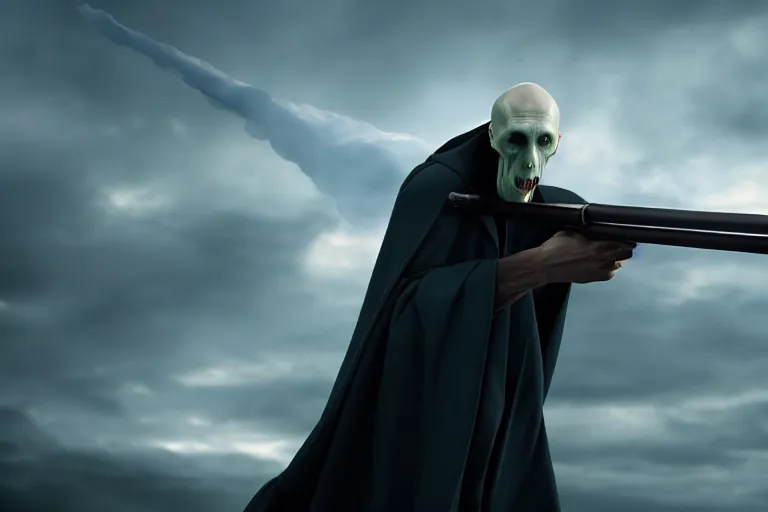 Image similar to volan de mort with bazooka, harry potter movie screenshot, symmetry, cinematic, elegant, luxury, perfect light, perfect composition, dlsr photography, sharp focus, 8 k, ultra hd, sense of awe, highly detailed, realistic, intricate