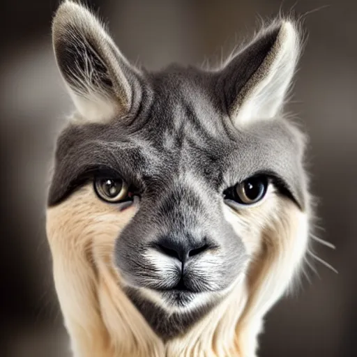 Prompt: a cat - alpaca - hybrid with a beak, animal photography