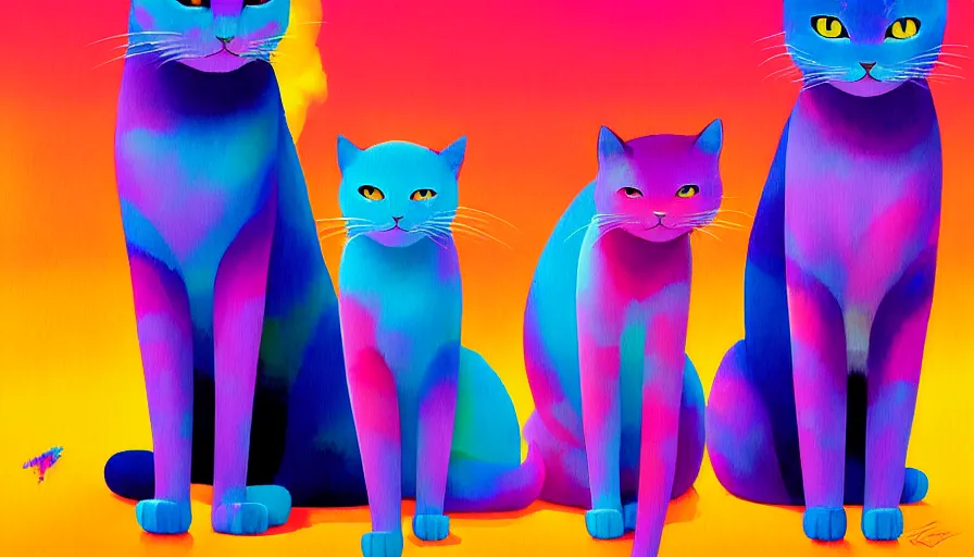 Image similar to contemporary semi abstract acrylic painting of really tall sitting cats by makoto shinkai, by lisa frank, by greg rutkowski, thick brush strokes and visible paint layers, multicolor color scheme