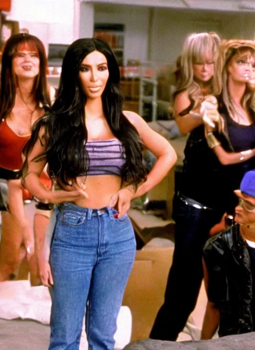 Prompt: film still of kim kardashian as Wayne in Wayne's World,