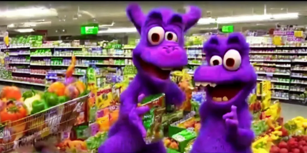 Image similar to cc - tv video of barney the dinosaur getting groceries