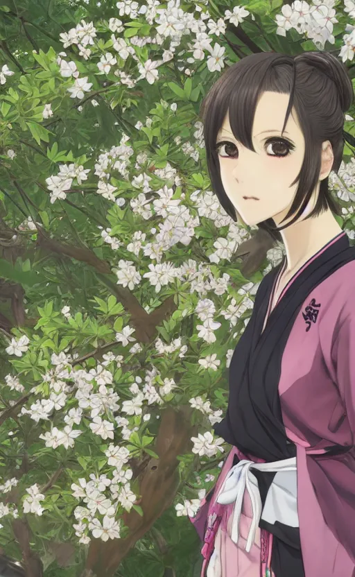 Image similar to anime style, gta 5, portrait of girl, yukata clothing, sakura tree in background, short hair, hair down, symmetrical facial features, from arknights, hyper realistic, extreme detail, 4 k drawing, safebooru, realistic lighting, by alphonse mucha, greg rutkowski, sharp focus, backlit