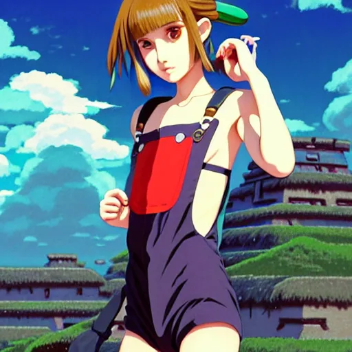 Image similar to beautiful boyish natalie portman gravure model in majora's mask, wearing big mayan bomber jacket with overalls and leotard, big bomber jacket with subtle mayan patterns, aztec bathing suit, gapmoe yandere grimdark, trending on pixiv fanbox, painted by greg rutkowski makoto shinkai takashi takeuchi studio ghibli, akihiko yoshida