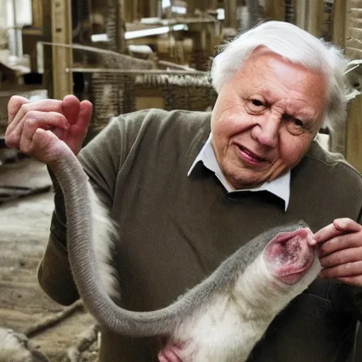 Prompt: david attenborough working in a slaughter house