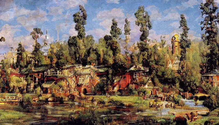 Prompt: artwork painting of willy wonka's chocolate factory by eugene von guerard, ivan shishkin, john singer sargent